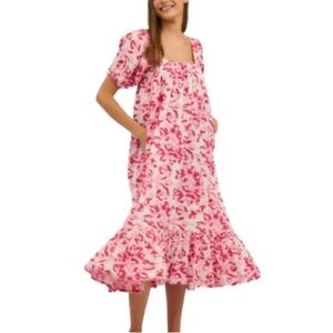 New! 2 Chic Island Time Barbie Ikat Print Puff Sleeve Dress Pink/White Large